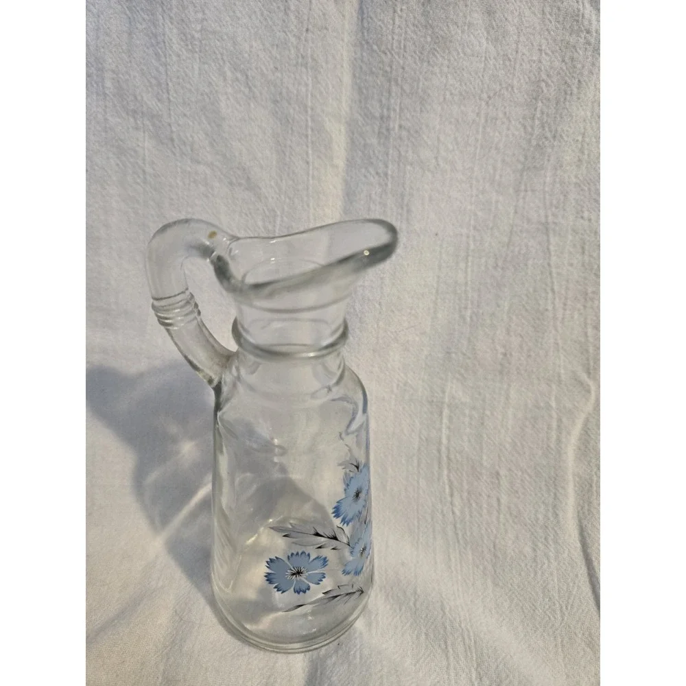 Vintage Farmhouse Glass Blue Floral Vinegar or Oil Cruet Syrup Pitcher Small
